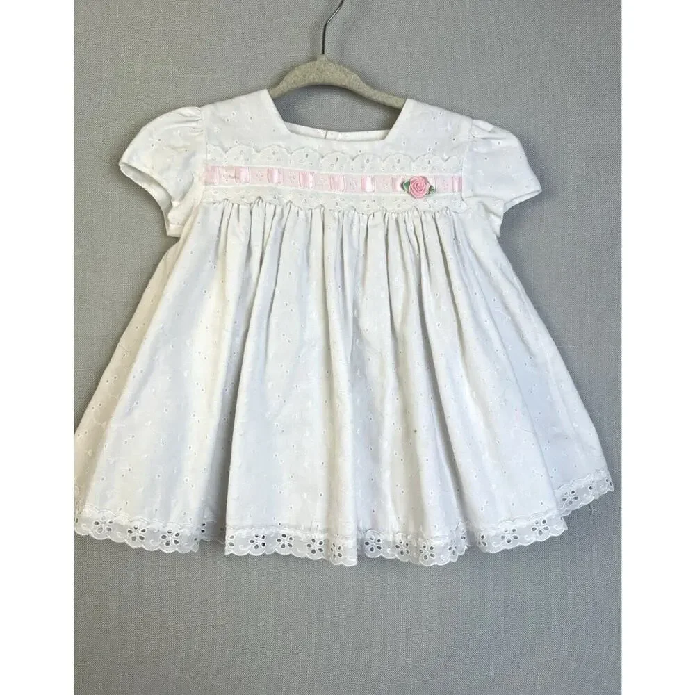 C. I Castro & Co Dress Baby Girl 12 Mos White Pink Eyelet Puffed Sleeves Party